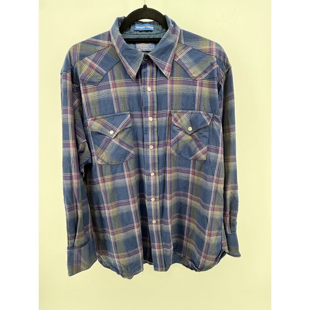 Pendleton Men's L Plaid Blue Purple Wool Flannel Button-Up Point Pockets